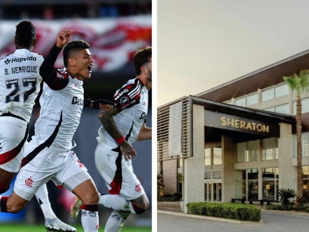Carrascal e Bruno Henrique comemoram classificação sobre o Estudiantes na Libertadores 2025; ao lado, hotel Sheraton, que recebe o elenco do Flamengo em 2026