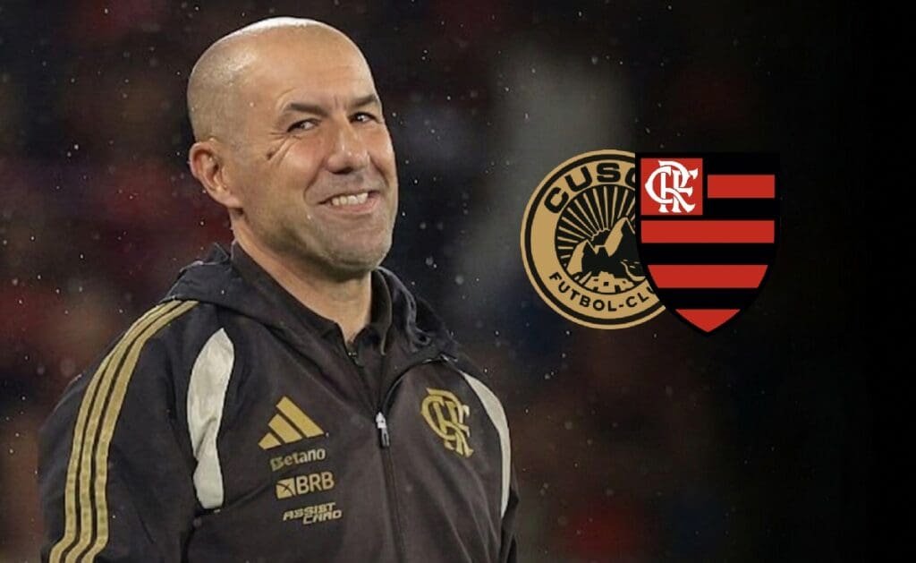 Técnico Leonardo Jardim sorrindo à frente dos escudos de Cusco x Flamengo, projetando a escalação para a estreia na Libertadores 2026