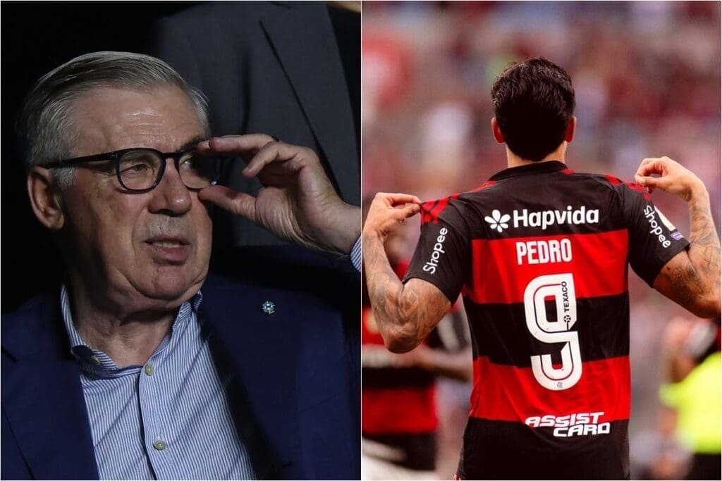 Montagem com Ancelotti observador segurando no óculos e Pedro mostrando as costas da camisa do Flamengo
