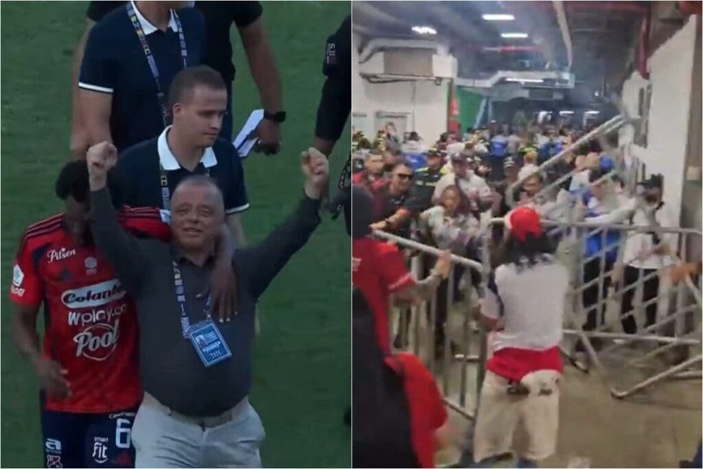 Montagem com o presidente do Independiente Medellín provocando torcida (esquerda) e confusão dos torcedores da equipe nos túneis do estádio (direito); equipe é próximo adversário do Flamengo na Libertadores