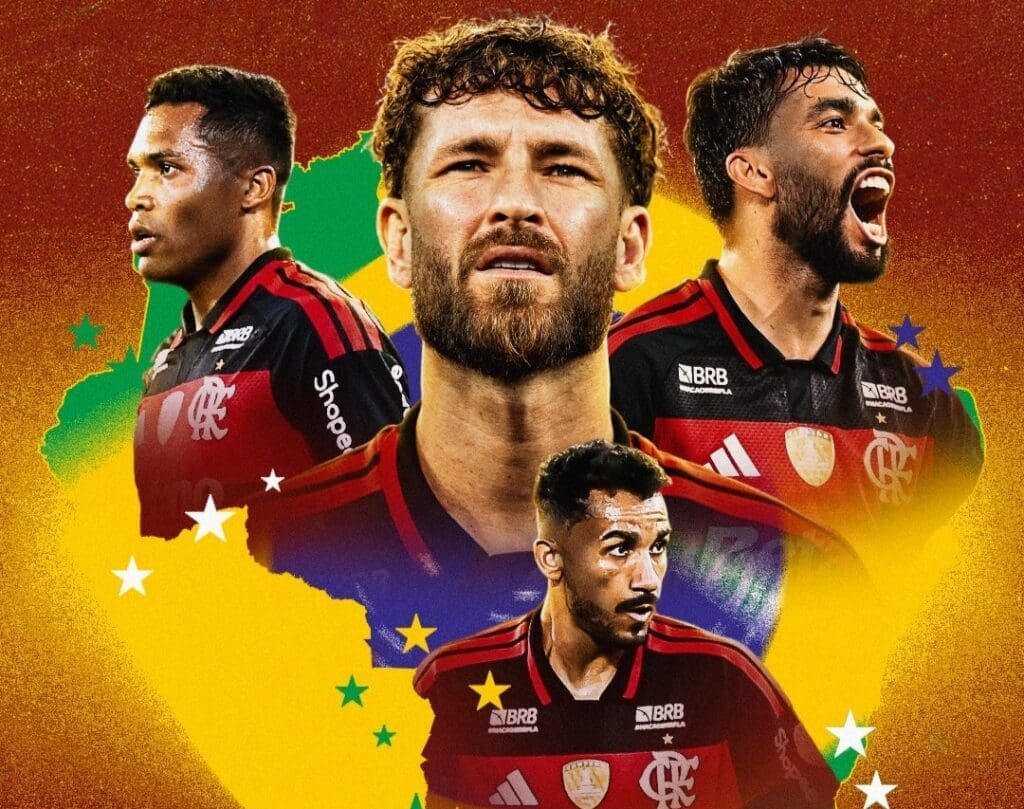 Arte com Alex Sandro, Léo Pereira, Lucas Paquetá e Danilo, convocados do Flamengo para a Copa do Mundo