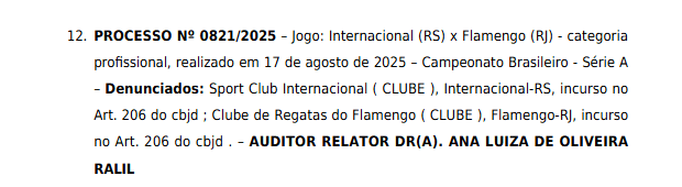 Flamengo é enquadrado no artigo 206 do CBJD por atraso em jogo contra o Internacional em 2025