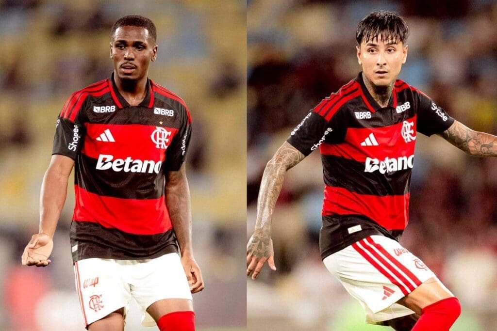 Montagem com Evertton Araújo e Pulgar em campo pelo Flamengo