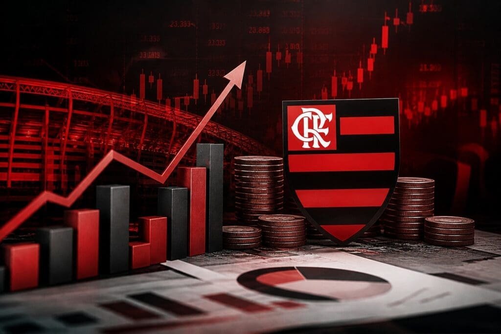 Arte com escudo do Flamengo e efeitos visuais para representar finanças, com gráficos e tabelas ilustrativos