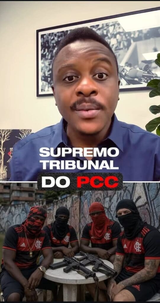 Guto Zacaria ilustra vídeo sobre o 'tribunal do crime' com imagem gerada por I.A com bandidos vestidos com a camisa do Flamengo