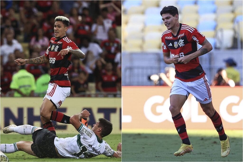 Montagem com Pedro fazendo gol de cavadinha (esquerda) e Ayrton Lucas mostrando escudo do Flamengo em comemoração (direita) durante último Flamengo x Coritiba no Maracanã, em 2023