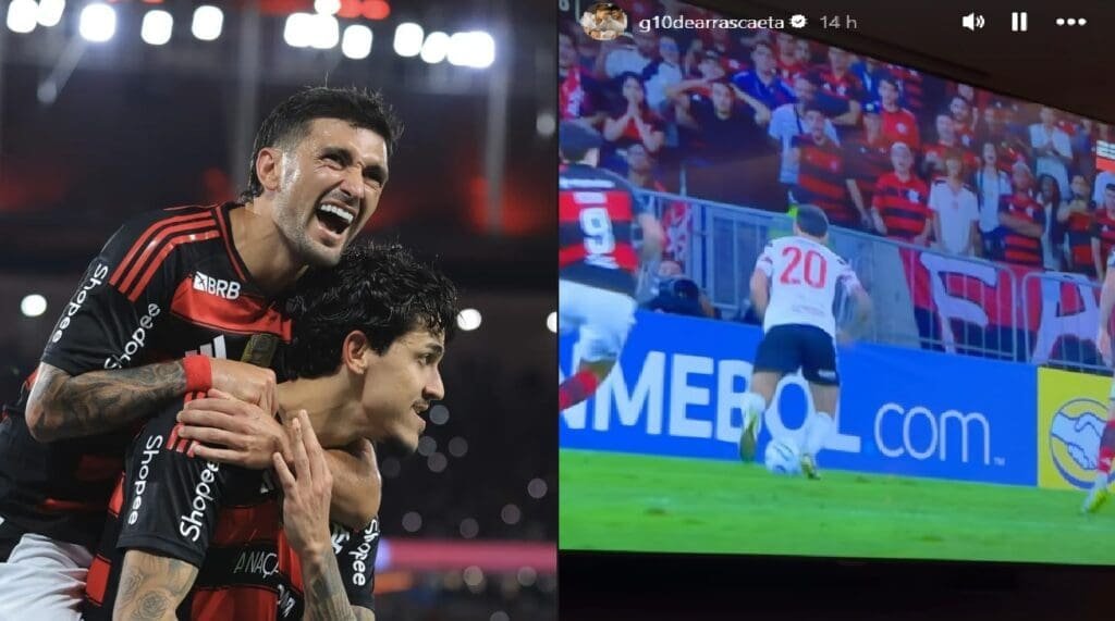 Montagem: Arrascaeta e Pedro comemoram gol e Print do perfil de Arrascaeta assistindo a gol de Pedro