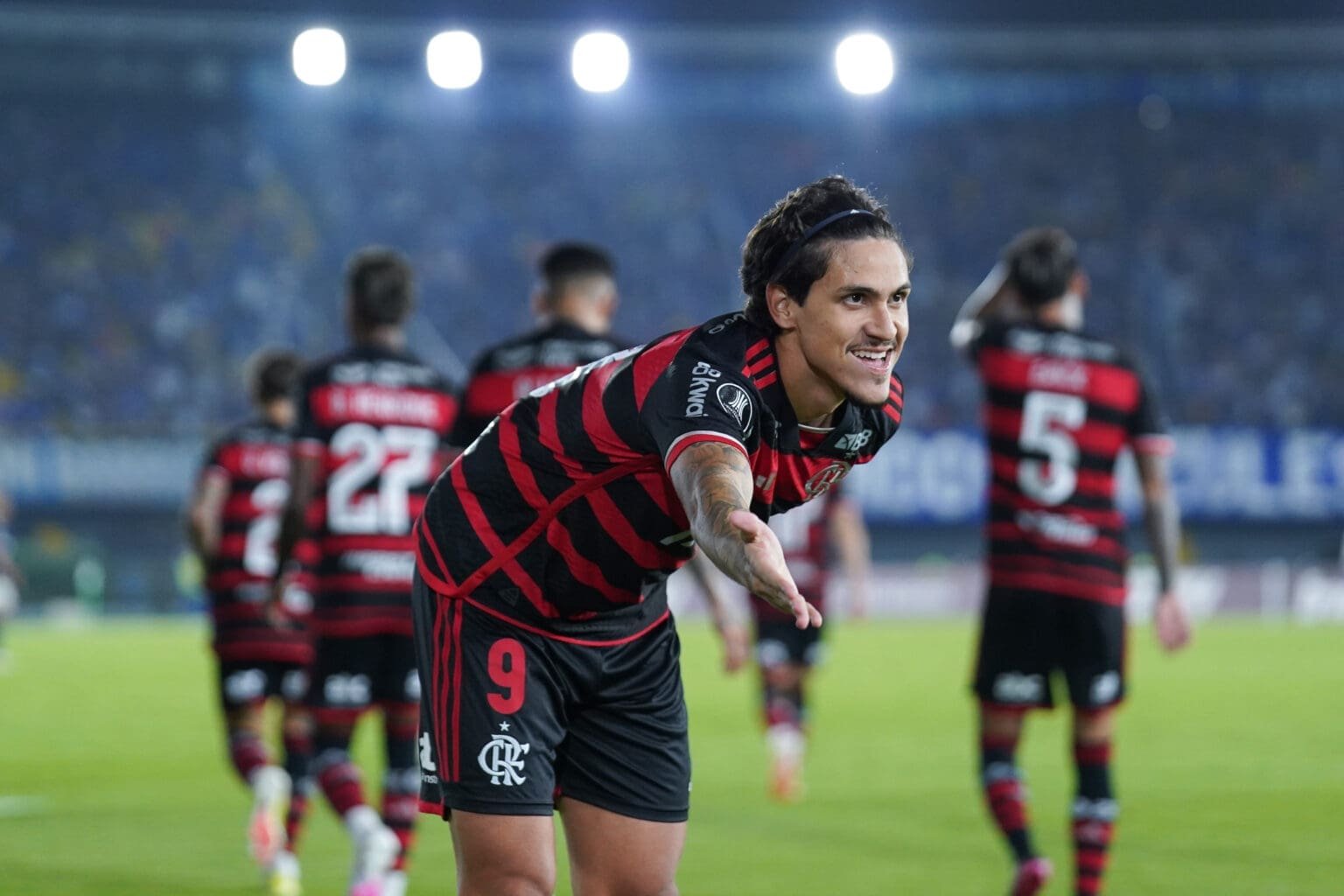 Pedro comemora último gol do Flamengo na Colômbia pela Libertadores, contra Millonarios, em 2024