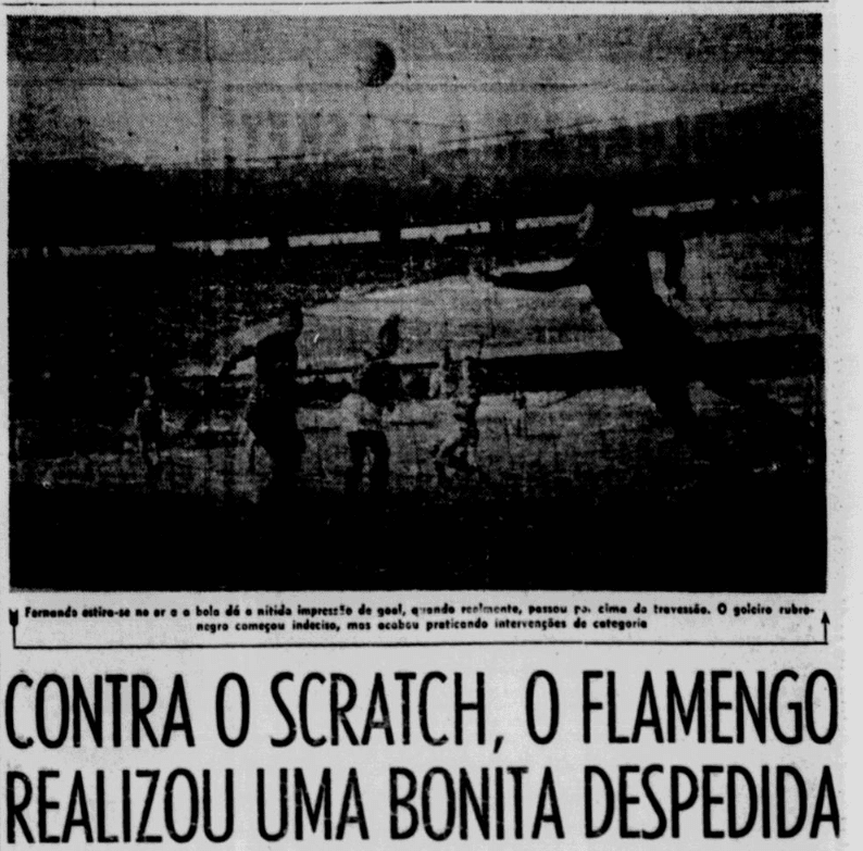 Parte do Jornal dos Sports de 12 de maio de 1958, que diz "Contra o Scratch, o Flamengo realizou uma bonite despedida"