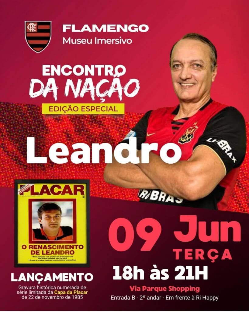 Banner do evento 'Encontro da Nação' especial com Leandro, promovido pelo Museu Flamengo Imersivo