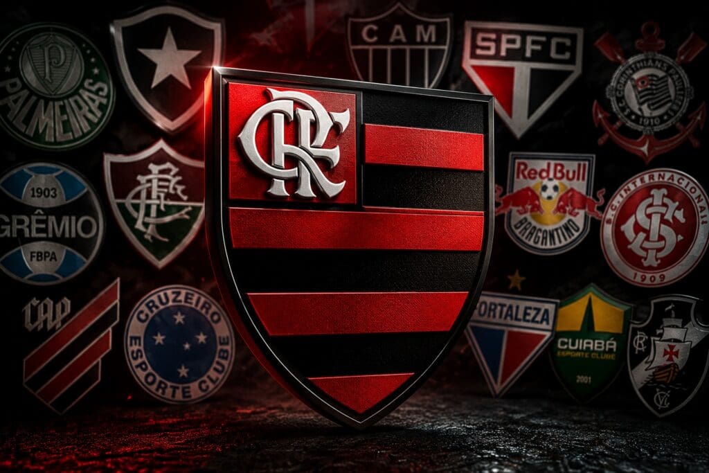 Flamengo articula liga no Brasil e define exigências para divisão das receitas Escudo do Flamengo e rivais da Série A ao fundo