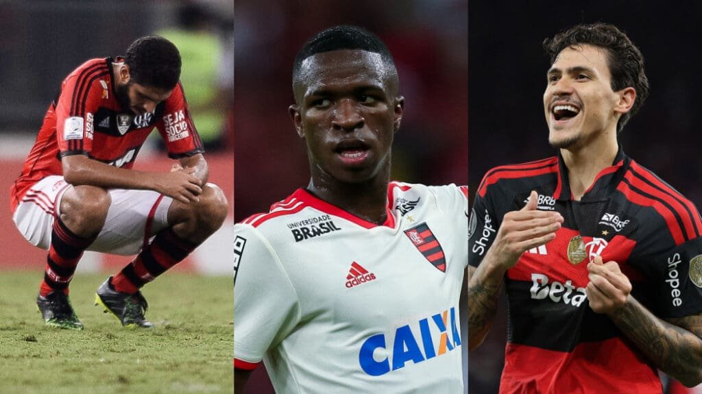 Flamengo na pausa da Copa do Mundo: Como clube chegou às paradas neste século? Wallace cabisbaixo no Flamengo de 2014, Vini Jr no Flamengo em 2018 e Pedro em 2026