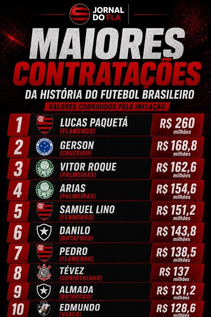 Maiores contratações do futebol brasileiros valores corrigidos pela inflação