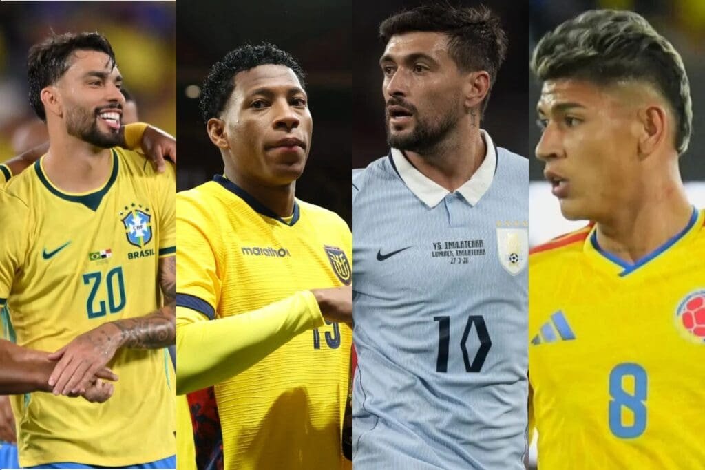 Foto de Lucas Paqueta à esquerda com a camisa do Brasil, seguida pela foto de Gonzalo Plata com a camisa do Equador, de De Arrascaeta com a camisa do Uruguai e Jorge Carrascal com a camisa da Colômbia