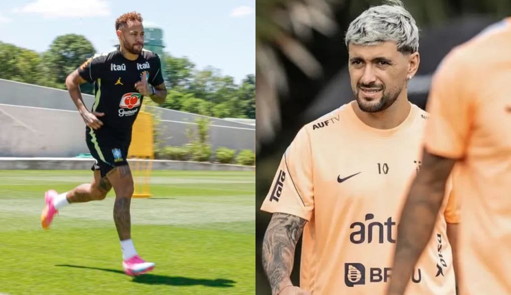 Recuperação de Neymar indica cenário difícil para Arrascaeta na Copa do Mundo Neymar se recupera (esquerda) e Arrascaeta durante treino do Uruguai (direita)