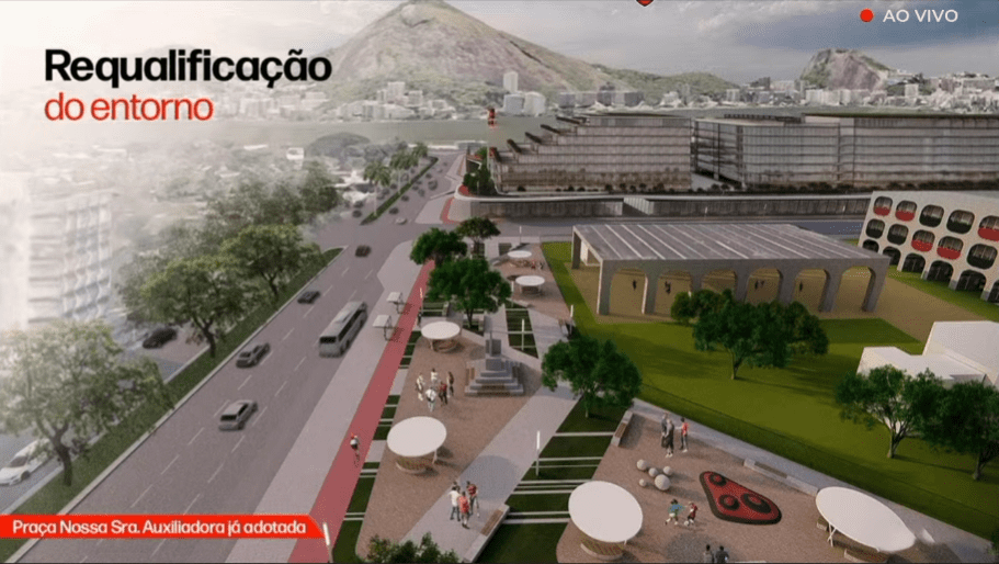 Apresentação de requalificação entorno Gávea mostrando Praça Nossa Senhora Auxiliadora e hotel temático ao fundo