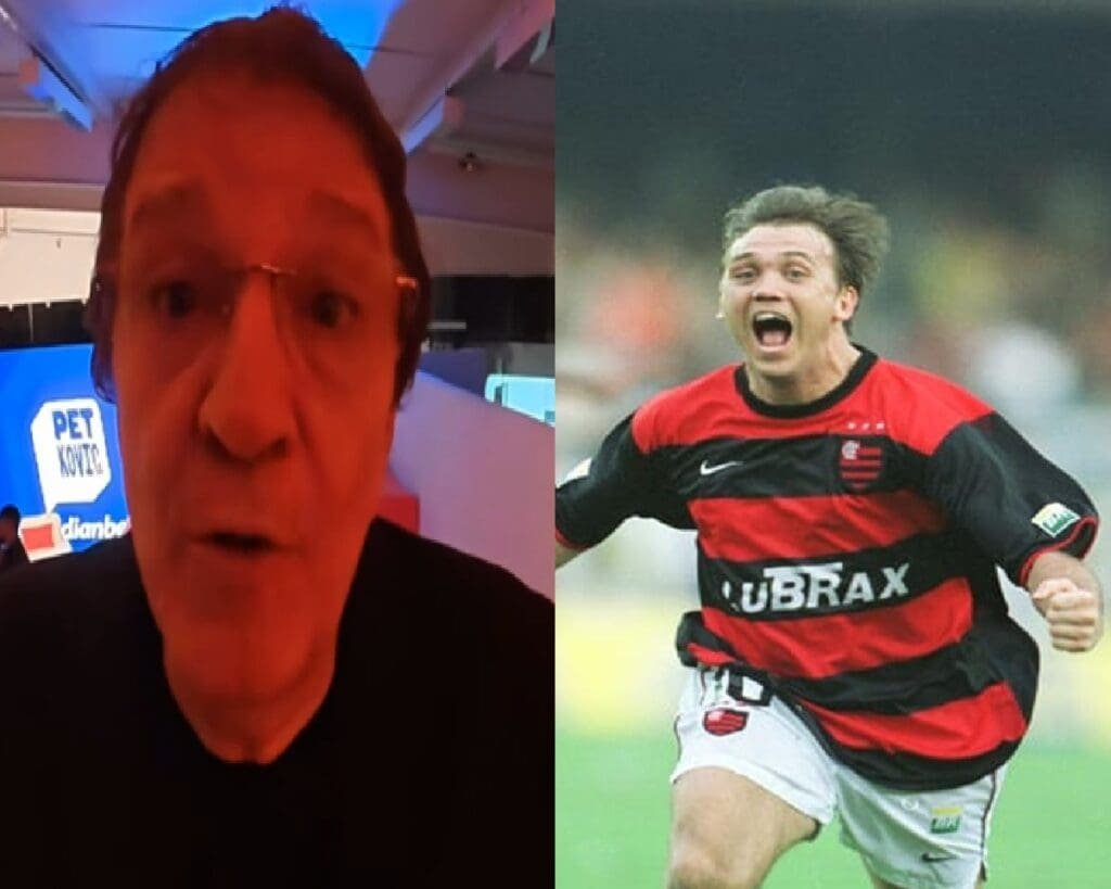 Montagem: Luiz Penido ao lado de Petkovic comemorando gol de falta do título do Flamengo do carioca de 2001