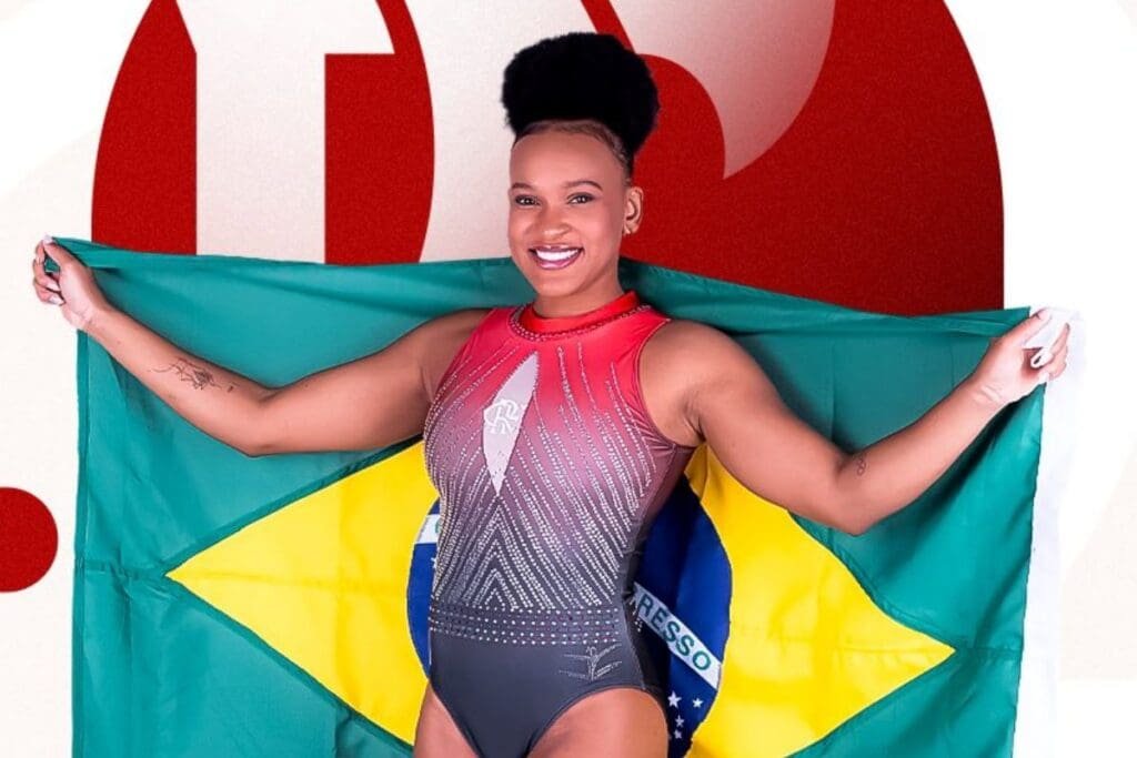 Rebeca Andrade em arte comemorando seu ouro no Panamericano de Ginástica
