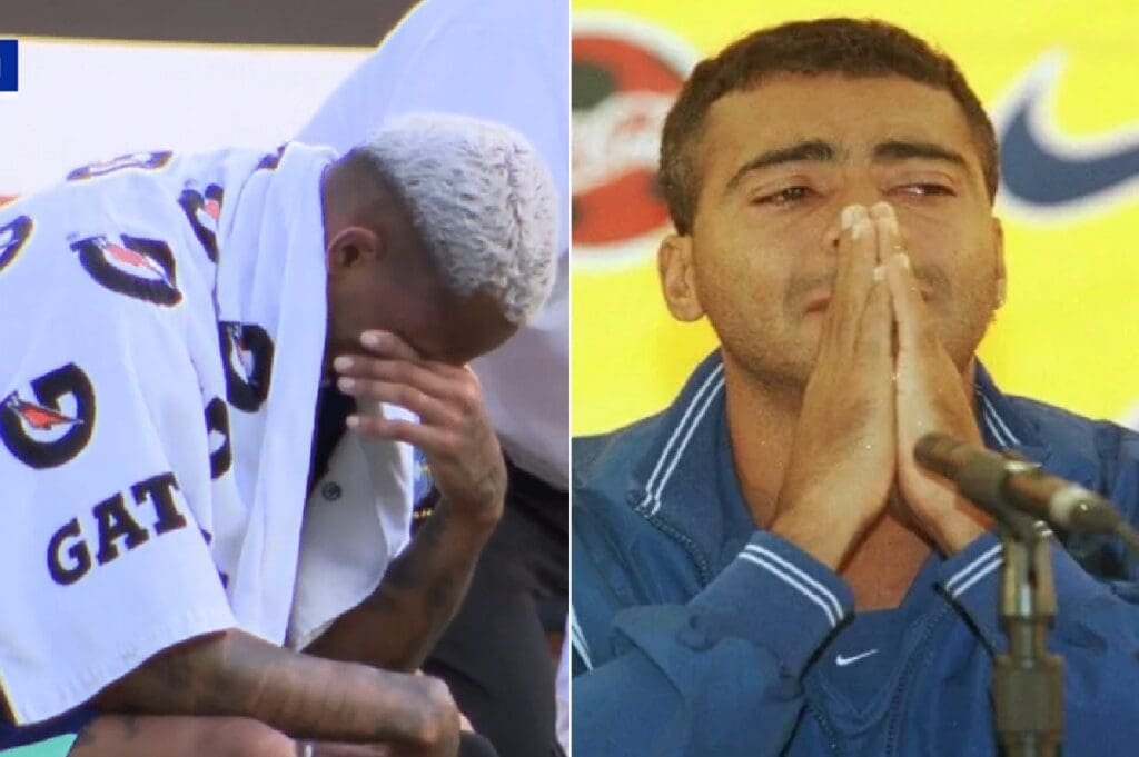 Copa do Mundo: relembre cortes de ex jogadores do Flamengo Montagem: Wesley chorando depois de lesão em amistoso, ao lado de Romário chorando depois de ser cortado da Copa do Mundo de 1998