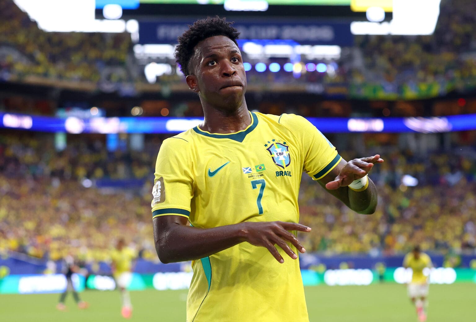 Vini Jr comemorando dançando gol pela Seleção Brasileira na Copa do Mundo 2026