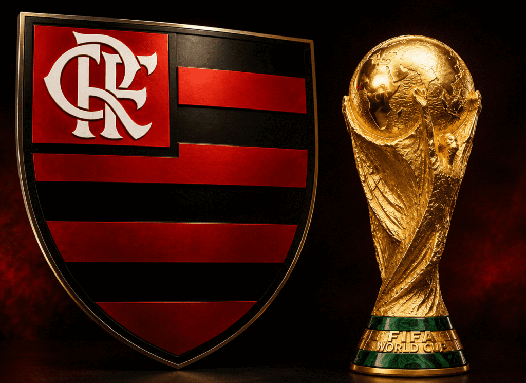 Taça da Copa do Mundo ao lado do escudo do Flamengo