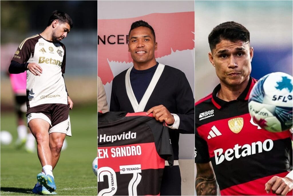 Notícias do Flamengo hoje: renovação de Alex Sandro, Arrascaeta liberado e Luiz Araújo lesionado Montagem com Arrascaeta treinando no Ninho, Alex Sandro posando após renovação de contrato e Luiz Araújo em ação durante jogo do Flamengo
