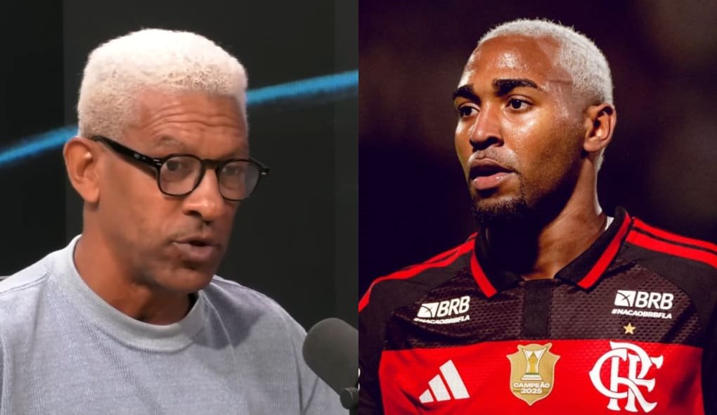 Djalminha relembra início no Flamengo e dá conselho a Lorran após gol Djalminha comenta durante programa da Cazé TV (esquerda) e Lorran durante jogo do Flamengo (direita)