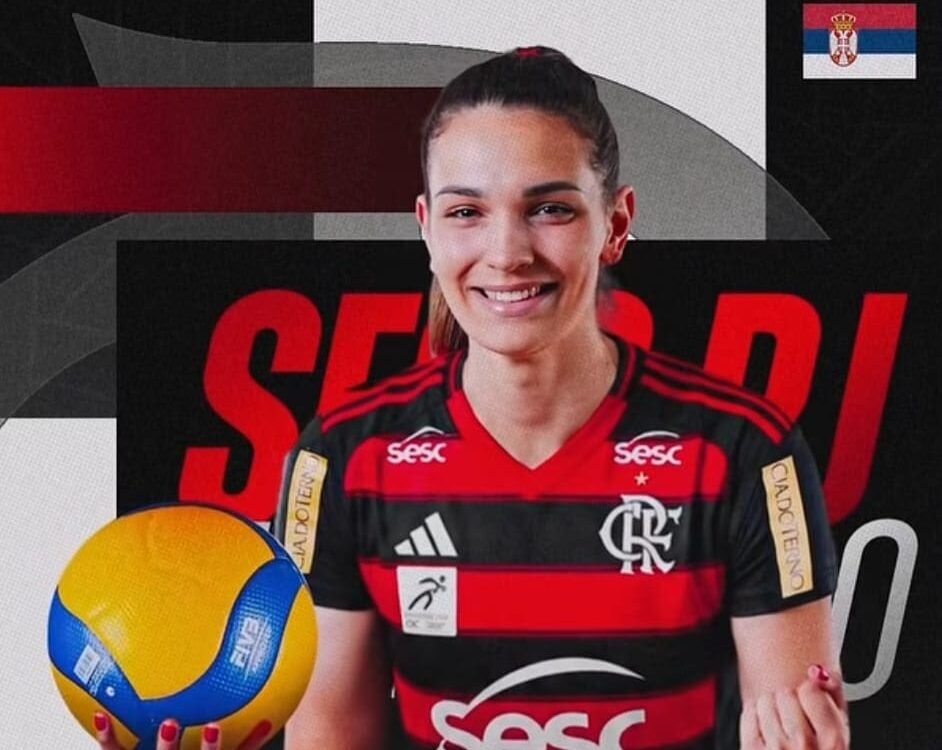Sesc Flamengo anuncia contratação de Minja Osmajić após lesão de Kirov Montagem de Minja Osmajić com a camisa do Sesc Flamengo