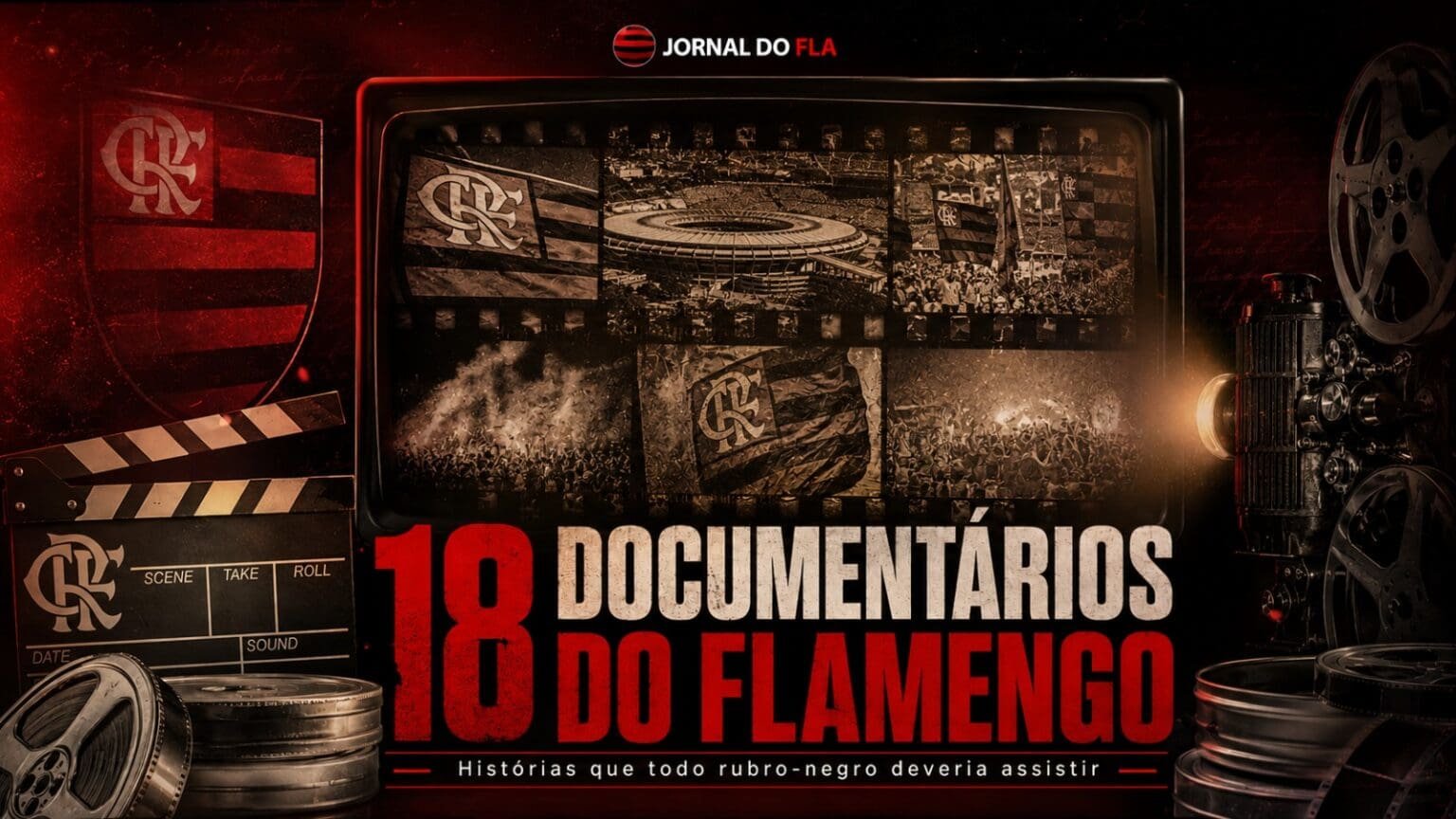 Dia Nacional do Documentário Brasileiro: 18 sugestões de documentários sobre Flamengo Arte para documentários sobre o Flamengo tem elementos de cinema, como câmeras, escudo do clube e imagens em televisão; Dia Nacional do Documentário Brasileiro