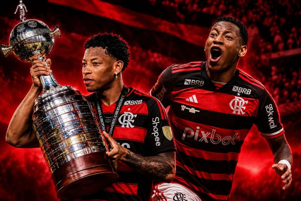 Montagem de Gonzalo Plata com a taça da Libertadores de 2025 e comemorando o gol do título da Copa do Brasil de 2024 pelo Flamengo