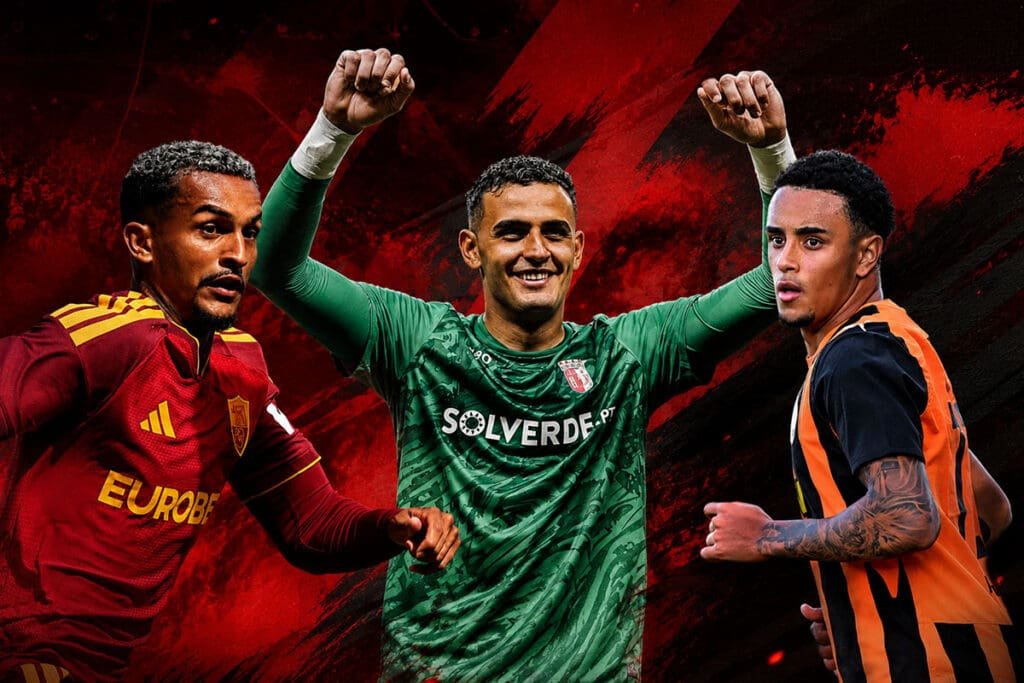 Montagem com Wesley (Roma), Bernardo Fontes (Braga) e Ryan Roberto (Shakhtar), com as cores rubro-negras no fundo