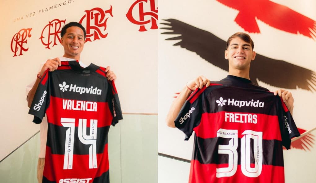 Anthony Valencia e Joaquín Freitas posam com a camisa do Flamengo