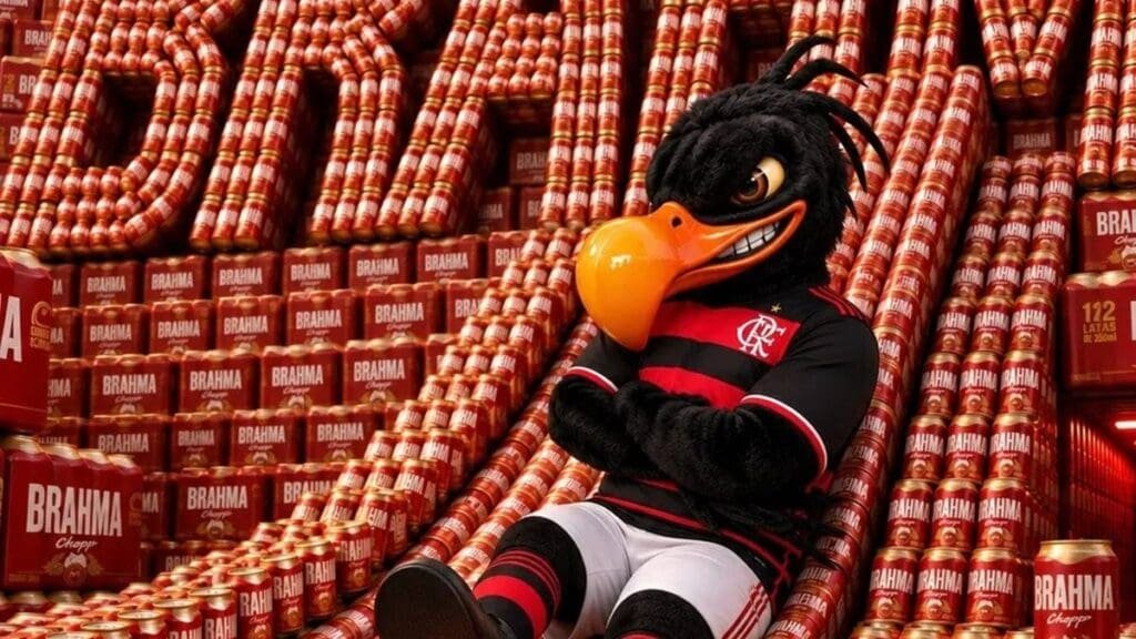 Brahma grátis para torcida do Flamengo? Veja o que vale contra o Corinthians Urubu, mascote do Flamengo, sorrindo e deitado em várias latas de Brahma