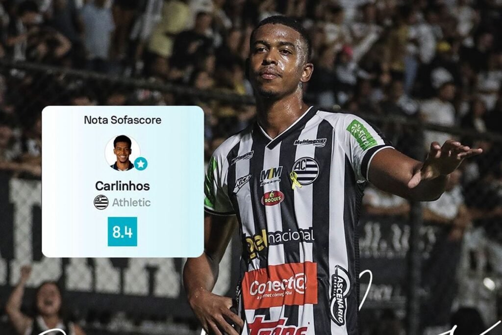 Arte com Carlinhos comemorando gol pelo Athletic e nota Sofascore 8.4